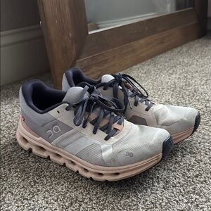 On Running Women’s Cloudrunners Gray and Pink Sneakers 8